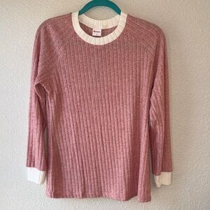 Elegant Pink Ribbed Sweater with White Accents